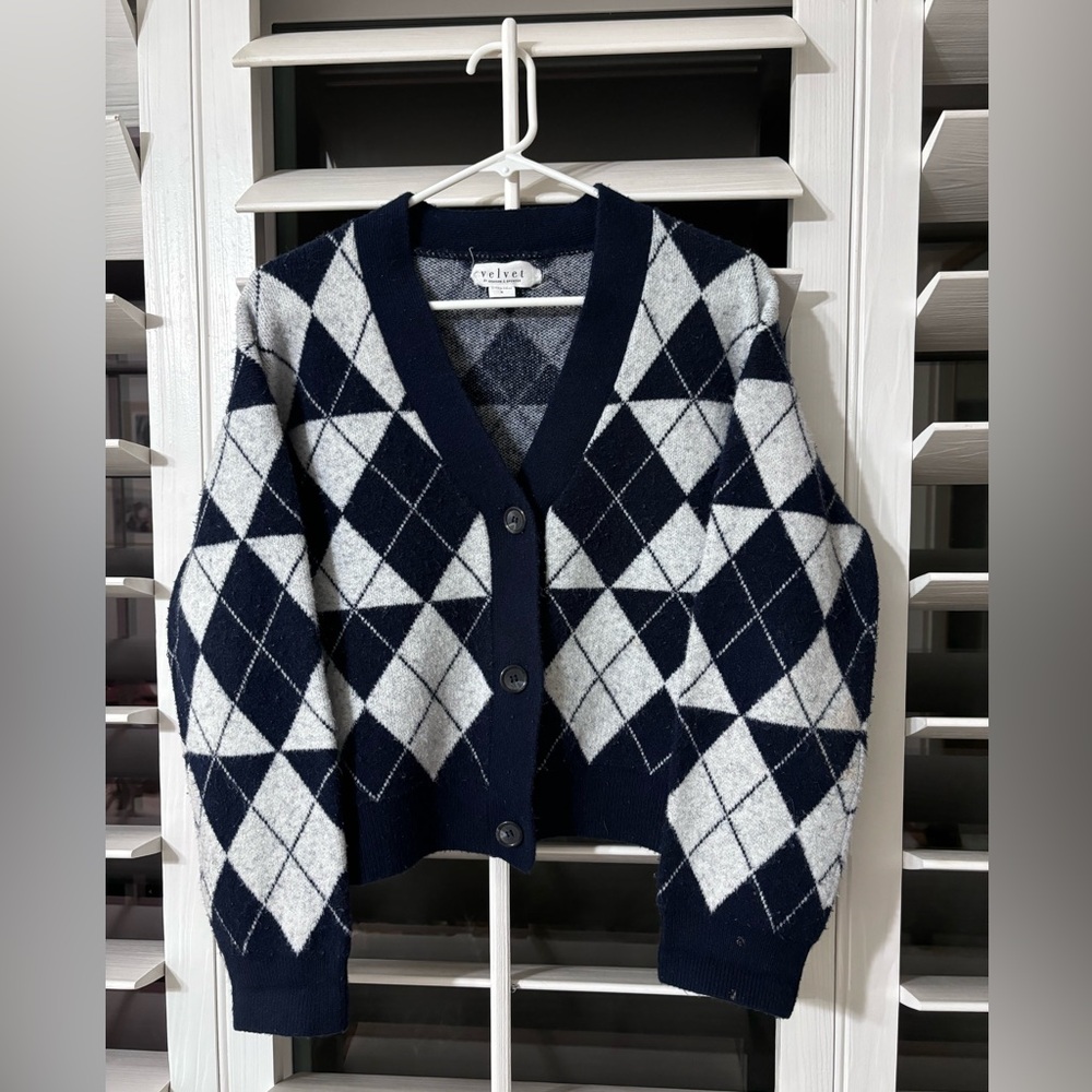 Velvet Blue Argyle Boxy Cardigan